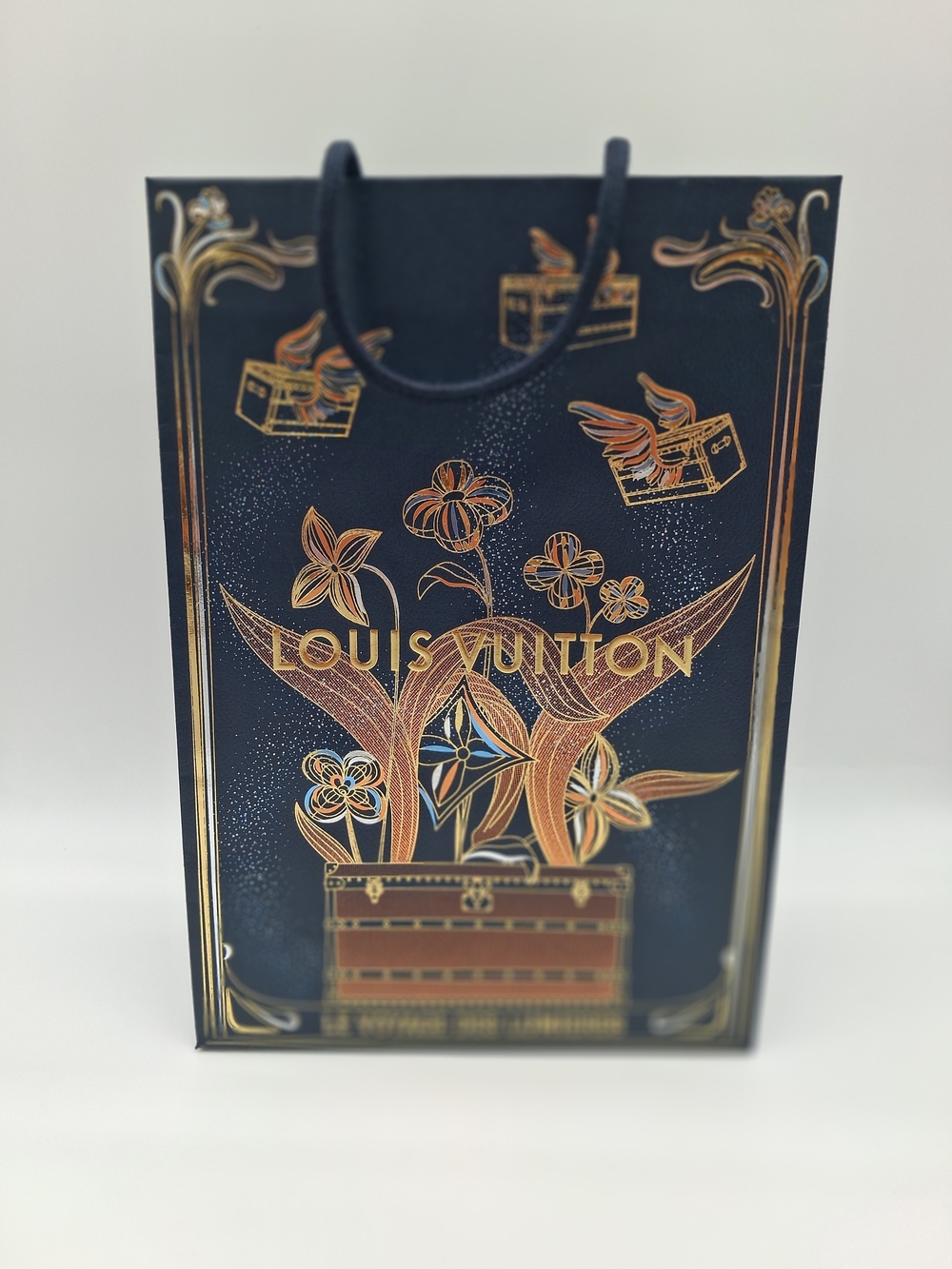 LOUIS VUITTON Le Voyage des Lumières Holiday Gift Bag Trunk Floral Navy Gold